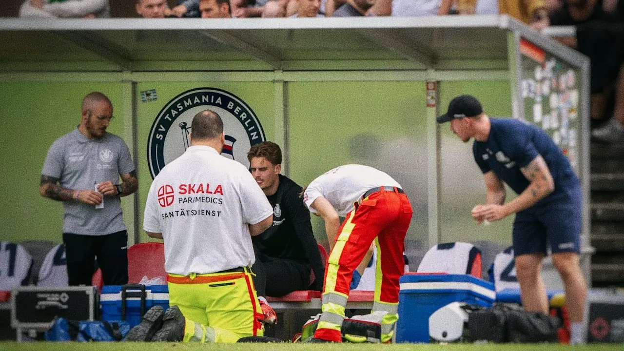 Sanitäter von SKALA Paramedics versorgen einen Spieler am Spielfeldrand beim SV Tasmania Berlin